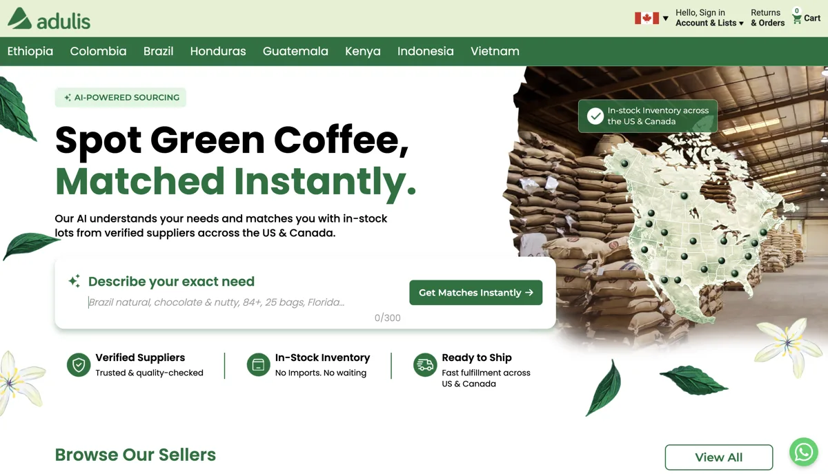 Adulis green coffee marketplace homepage, showing the natural-language sourcing search